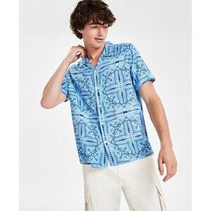 GUESS Men's Tile-Print Button-Down Lightweight Short Sleeve Camp Shirt Blue XXL